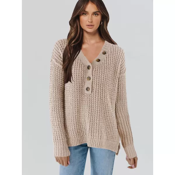 imageANRABESS Womens Oversized Sweaters Long Sleeve Loose V Neck Button Henley Tops Side Slit Pullover Knit JumperApricot