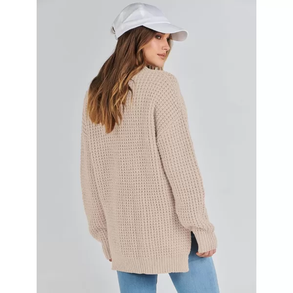 imageANRABESS Womens Oversized Sweaters Long Sleeve Loose V Neck Button Henley Tops Side Slit Pullover Knit JumperApricot