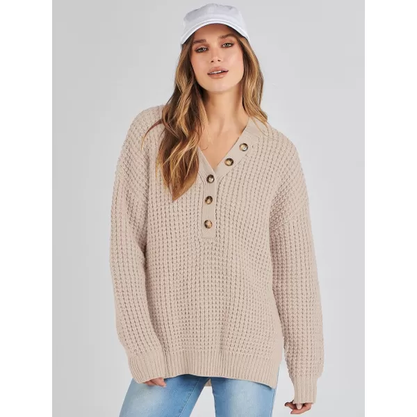 imageANRABESS Womens Oversized Sweaters Long Sleeve Loose V Neck Button Henley Tops Side Slit Pullover Knit JumperApricot