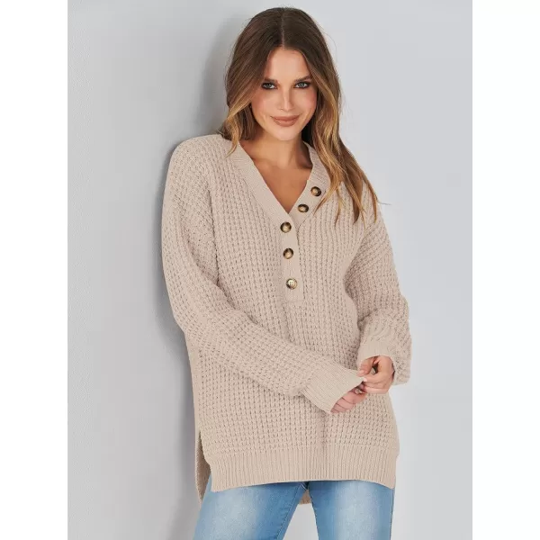imageANRABESS Womens Oversized Sweaters Long Sleeve Loose V Neck Button Henley Tops Side Slit Pullover Knit JumperApricot