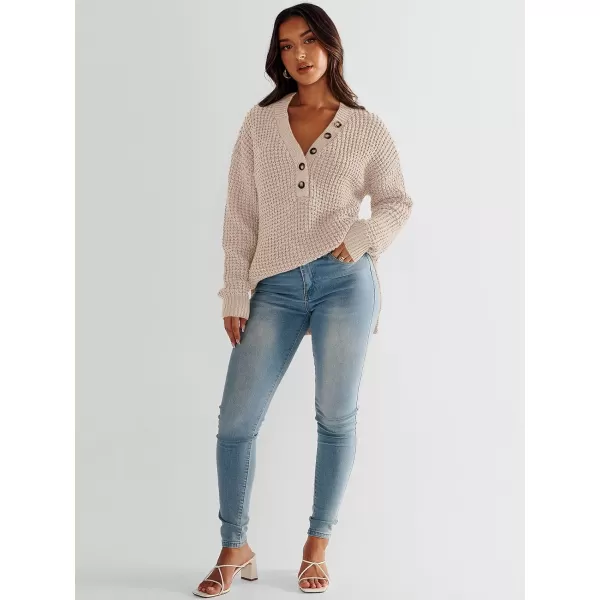 imageANRABESS Womens Oversized Sweaters Long Sleeve Loose V Neck Button Henley Tops Side Slit Pullover Knit JumperApricot