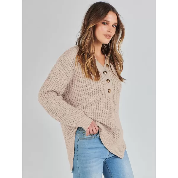 imageANRABESS Womens Oversized Sweaters Long Sleeve Loose V Neck Button Henley Tops Side Slit Pullover Knit JumperApricot