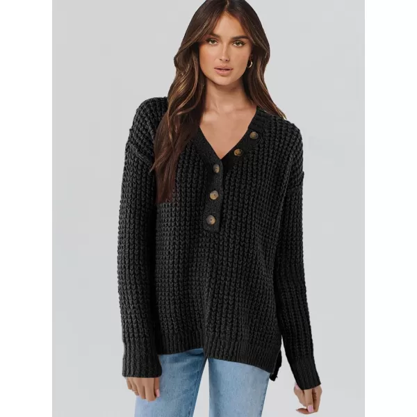 imageANRABESS Womens Oversized Sweaters Long Sleeve Loose V Neck Button Henley Tops Side Slit Pullover Knit JumperBlack