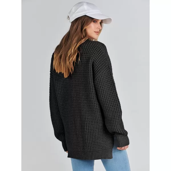 imageANRABESS Womens Oversized Sweaters Long Sleeve Loose V Neck Button Henley Tops Side Slit Pullover Knit JumperBlack