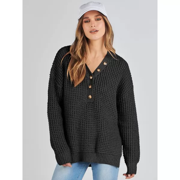 imageANRABESS Womens Oversized Sweaters Long Sleeve Loose V Neck Button Henley Tops Side Slit Pullover Knit JumperBlack