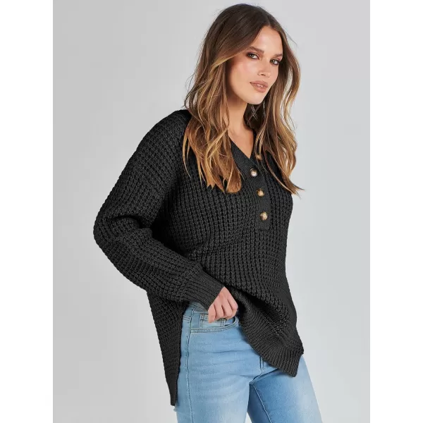 imageANRABESS Womens Oversized Sweaters Long Sleeve Loose V Neck Button Henley Tops Side Slit Pullover Knit JumperBlack