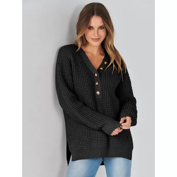 imageANRABESS Womens Oversized Sweaters Long Sleeve Loose V Neck Button Henley Tops Side Slit Pullover Knit JumperBlack