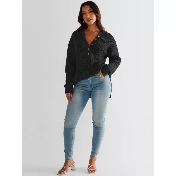 imageANRABESS Womens Oversized Sweaters Long Sleeve Loose V Neck Button Henley Tops Side Slit Pullover Knit JumperBlack