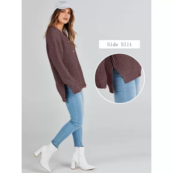 imageANRABESS Womens Oversized Sweaters Long Sleeve Loose V Neck Button Henley Tops Side Slit Pullover Knit JumperDark Red
