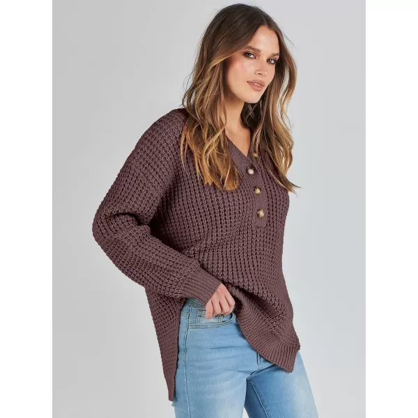 imageANRABESS Womens Oversized Sweaters Long Sleeve Loose V Neck Button Henley Tops Side Slit Pullover Knit JumperDark Red