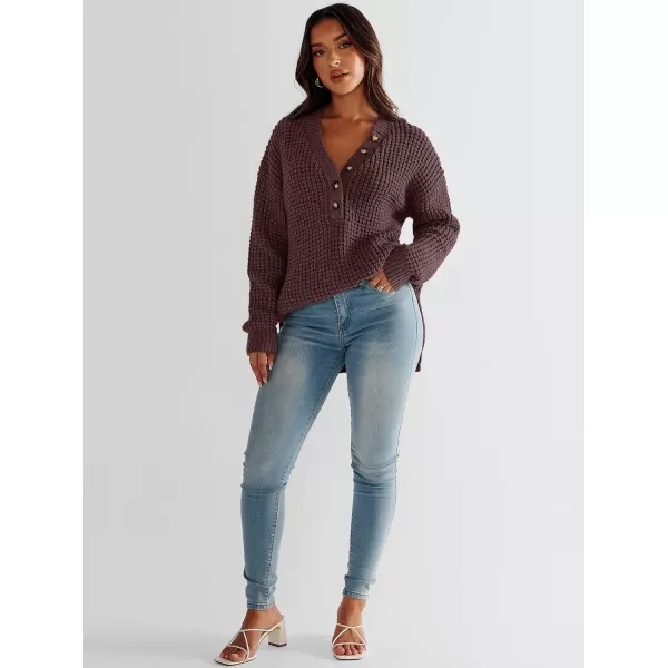 imageANRABESS Womens Oversized Sweaters Long Sleeve Loose V Neck Button Henley Tops Side Slit Pullover Knit JumperDark Red