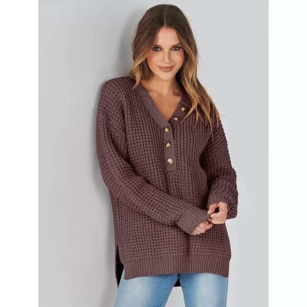 imageANRABESS Womens Oversized Sweaters Long Sleeve Loose V Neck Button Henley Tops Side Slit Pullover Knit JumperDark Red