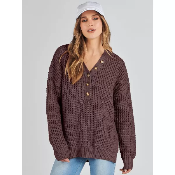 imageANRABESS Womens Oversized Sweaters Long Sleeve Loose V Neck Button Henley Tops Side Slit Pullover Knit JumperDark Red