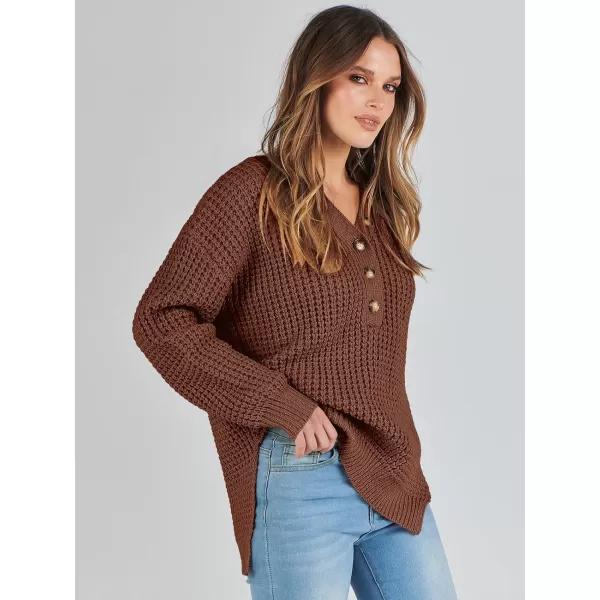 imageANRABESS Womens Oversized Sweaters Long Sleeve Loose V Neck Button Henley Tops Side Slit Pullover Knit JumperDeep Brown
