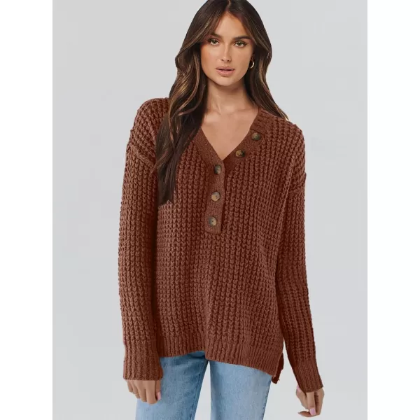 imageANRABESS Womens Oversized Sweaters Long Sleeve Loose V Neck Button Henley Tops Side Slit Pullover Knit JumperDeep Brown