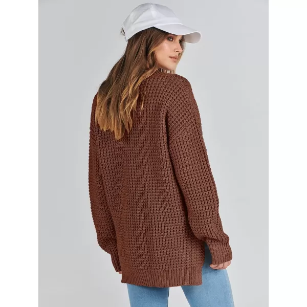 imageANRABESS Womens Oversized Sweaters Long Sleeve Loose V Neck Button Henley Tops Side Slit Pullover Knit JumperDeep Brown