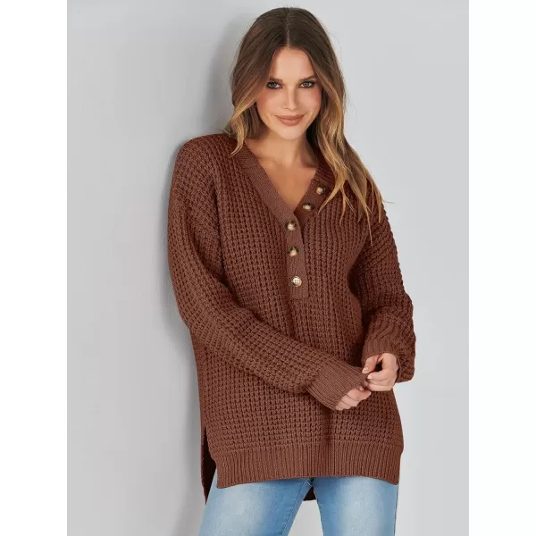 imageANRABESS Womens Oversized Sweaters Long Sleeve Loose V Neck Button Henley Tops Side Slit Pullover Knit JumperDeep Brown