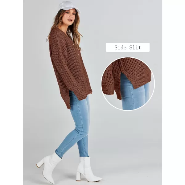 imageANRABESS Womens Oversized Sweaters Long Sleeve Loose V Neck Button Henley Tops Side Slit Pullover Knit JumperDeep Brown