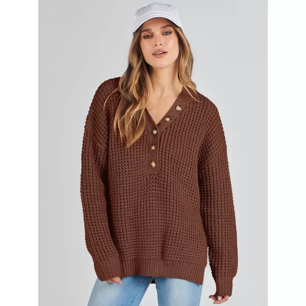 imageANRABESS Womens Oversized Sweaters Long Sleeve Loose V Neck Button Henley Tops Side Slit Pullover Knit JumperDeep Brown