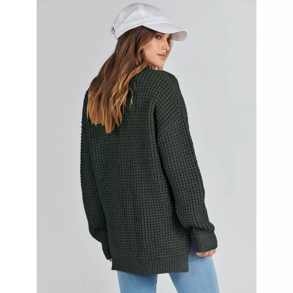 imageANRABESS Womens Oversized Sweaters Long Sleeve Loose V Neck Button Henley Tops Side Slit Pullover Knit JumperDeep Green