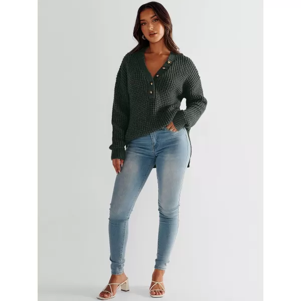 imageANRABESS Womens Oversized Sweaters Long Sleeve Loose V Neck Button Henley Tops Side Slit Pullover Knit JumperDeep Green
