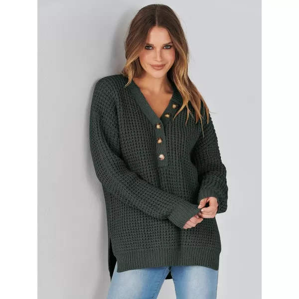 imageANRABESS Womens Oversized Sweaters Long Sleeve Loose V Neck Button Henley Tops Side Slit Pullover Knit JumperDeep Green