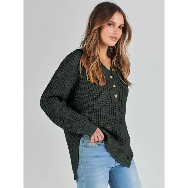 imageANRABESS Womens Oversized Sweaters Long Sleeve Loose V Neck Button Henley Tops Side Slit Pullover Knit JumperDeep Green