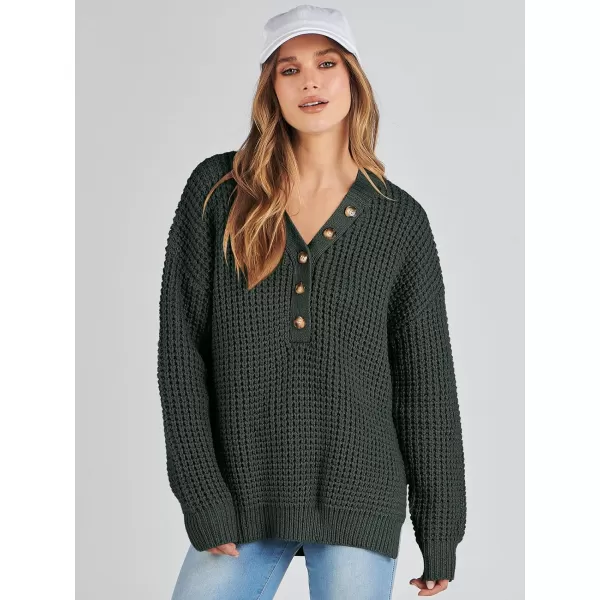 imageANRABESS Womens Oversized Sweaters Long Sleeve Loose V Neck Button Henley Tops Side Slit Pullover Knit JumperDeep Green