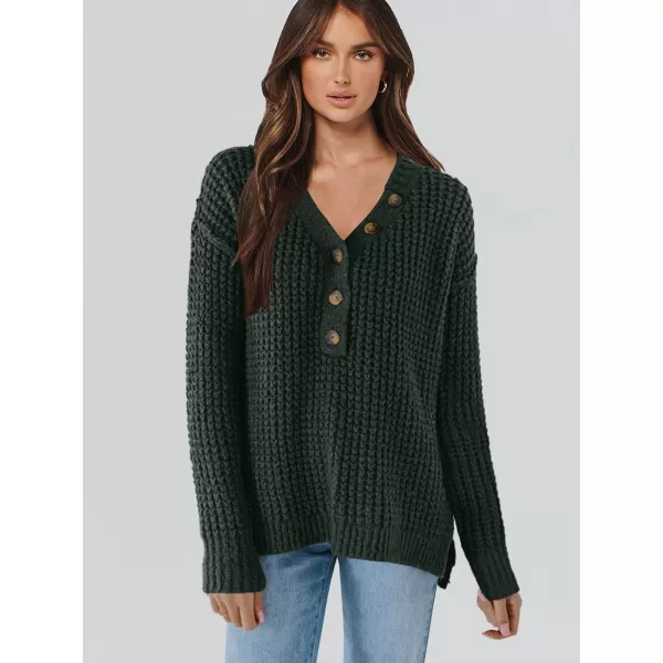 imageANRABESS Womens Oversized Sweaters Long Sleeve Loose V Neck Button Henley Tops Side Slit Pullover Knit JumperDeep Green