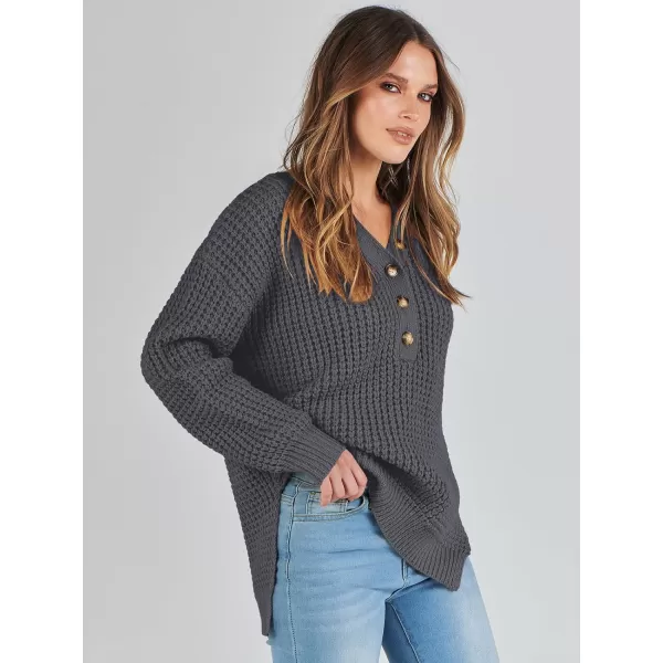 imageANRABESS Womens Oversized Sweaters Long Sleeve Loose V Neck Button Henley Tops Side Slit Pullover Knit JumperDeep Grey