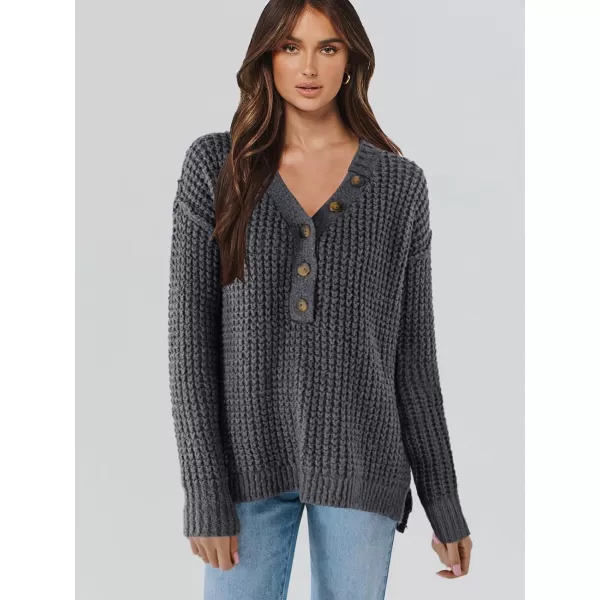 imageANRABESS Womens Oversized Sweaters Long Sleeve Loose V Neck Button Henley Tops Side Slit Pullover Knit JumperDeep Grey