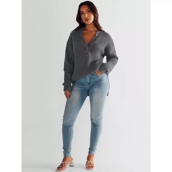 imageANRABESS Womens Oversized Sweaters Long Sleeve Loose V Neck Button Henley Tops Side Slit Pullover Knit JumperDeep Grey