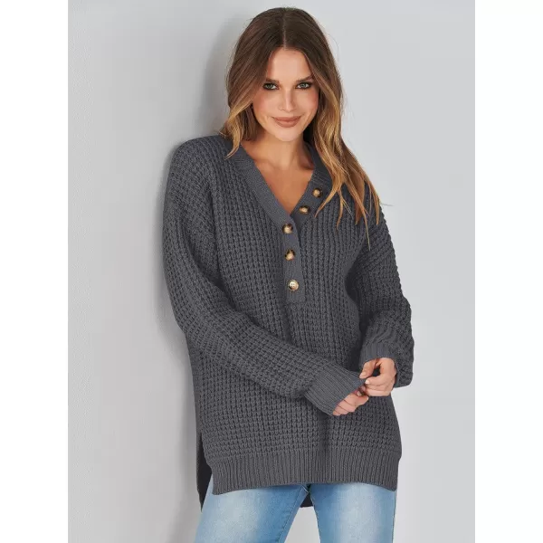imageANRABESS Womens Oversized Sweaters Long Sleeve Loose V Neck Button Henley Tops Side Slit Pullover Knit JumperDeep Grey