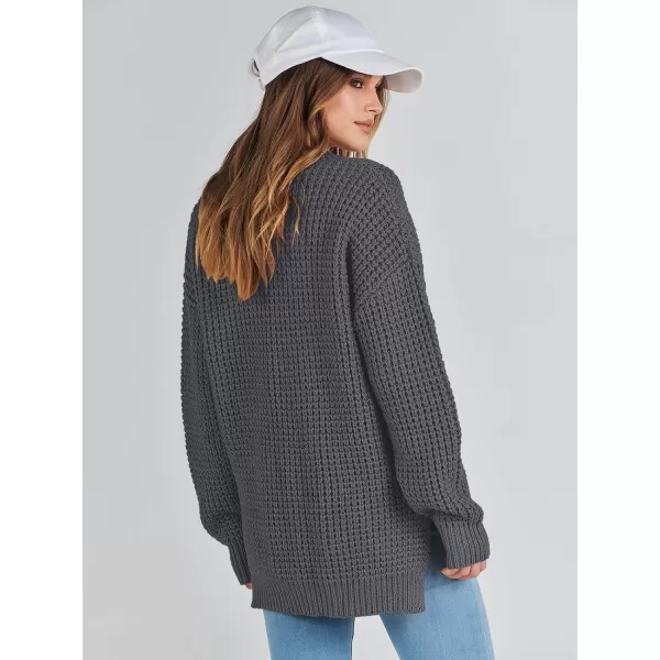 imageANRABESS Womens Oversized Sweaters Long Sleeve Loose V Neck Button Henley Tops Side Slit Pullover Knit JumperDeep Grey