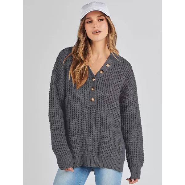 imageANRABESS Womens Oversized Sweaters Long Sleeve Loose V Neck Button Henley Tops Side Slit Pullover Knit JumperDeep Grey