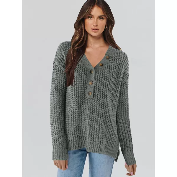 imageANRABESS Womens Oversized Sweaters Long Sleeve Loose V Neck Button Henley Tops Side Slit Pullover Knit JumperGray Green