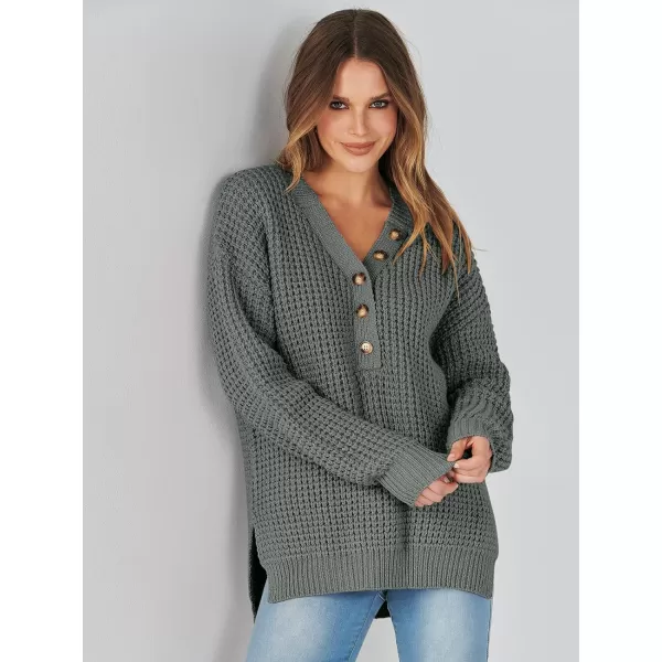 imageANRABESS Womens Oversized Sweaters Long Sleeve Loose V Neck Button Henley Tops Side Slit Pullover Knit JumperGray Green
