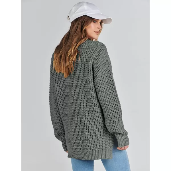 imageANRABESS Womens Oversized Sweaters Long Sleeve Loose V Neck Button Henley Tops Side Slit Pullover Knit JumperGray Green
