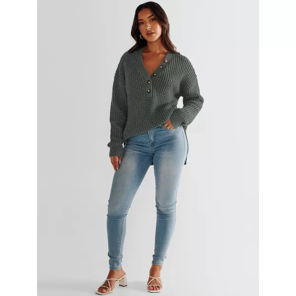 imageANRABESS Womens Oversized Sweaters Long Sleeve Loose V Neck Button Henley Tops Side Slit Pullover Knit JumperGray Green