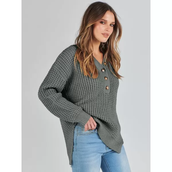 imageANRABESS Womens Oversized Sweaters Long Sleeve Loose V Neck Button Henley Tops Side Slit Pullover Knit JumperGray Green