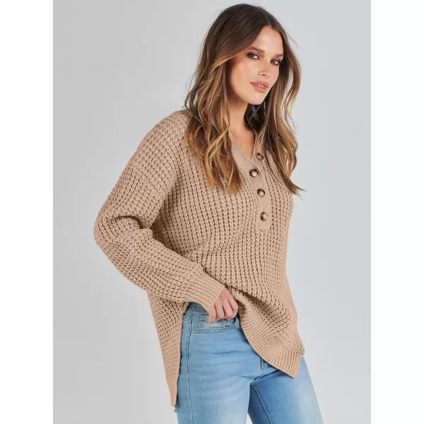 imageANRABESS Womens Oversized Sweaters Long Sleeve Loose V Neck Button Henley Tops Side Slit Pullover Knit JumperKhaki