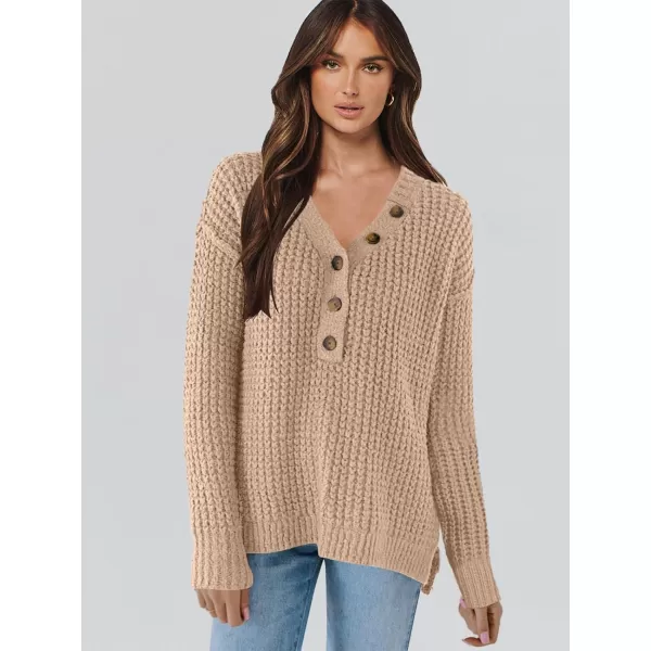 imageANRABESS Womens Oversized Sweaters Long Sleeve Loose V Neck Button Henley Tops Side Slit Pullover Knit JumperKhaki