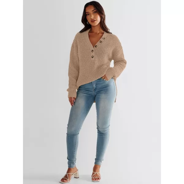 imageANRABESS Womens Oversized Sweaters Long Sleeve Loose V Neck Button Henley Tops Side Slit Pullover Knit JumperKhaki