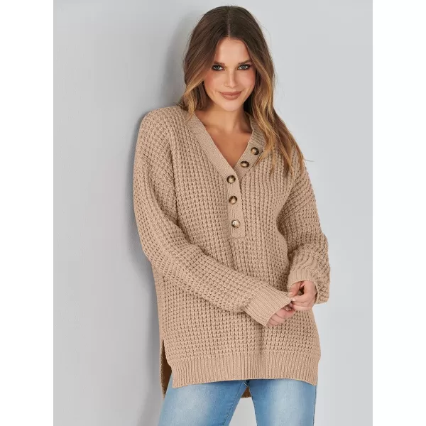 imageANRABESS Womens Oversized Sweaters Long Sleeve Loose V Neck Button Henley Tops Side Slit Pullover Knit JumperKhaki