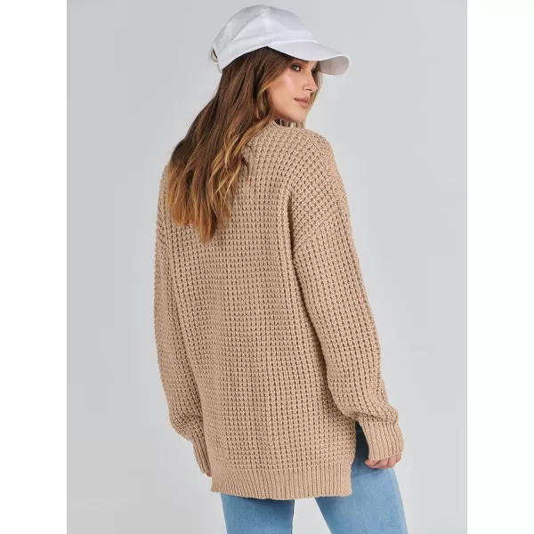 imageANRABESS Womens Oversized Sweaters Long Sleeve Loose V Neck Button Henley Tops Side Slit Pullover Knit JumperKhaki