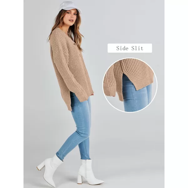 imageANRABESS Womens Oversized Sweaters Long Sleeve Loose V Neck Button Henley Tops Side Slit Pullover Knit JumperKhaki