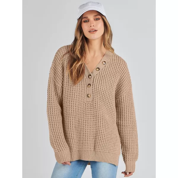 imageANRABESS Womens Oversized Sweaters Long Sleeve Loose V Neck Button Henley Tops Side Slit Pullover Knit JumperKhaki