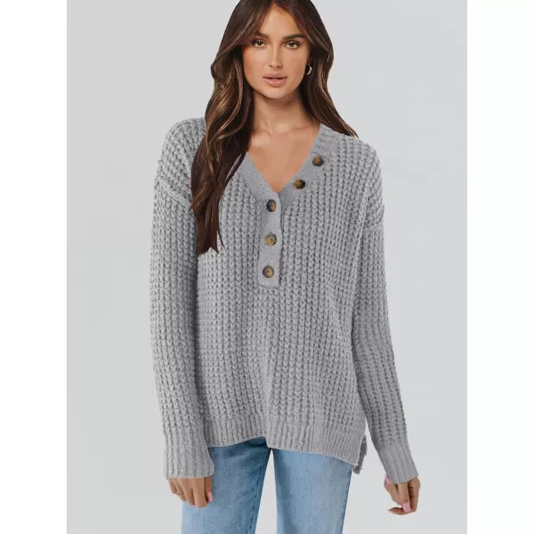 imageANRABESS Womens Oversized Sweaters Long Sleeve Loose V Neck Button Henley Tops Side Slit Pullover Knit JumperLight Grey