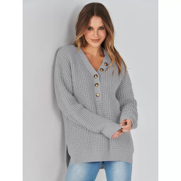 imageANRABESS Womens Oversized Sweaters Long Sleeve Loose V Neck Button Henley Tops Side Slit Pullover Knit JumperLight Grey