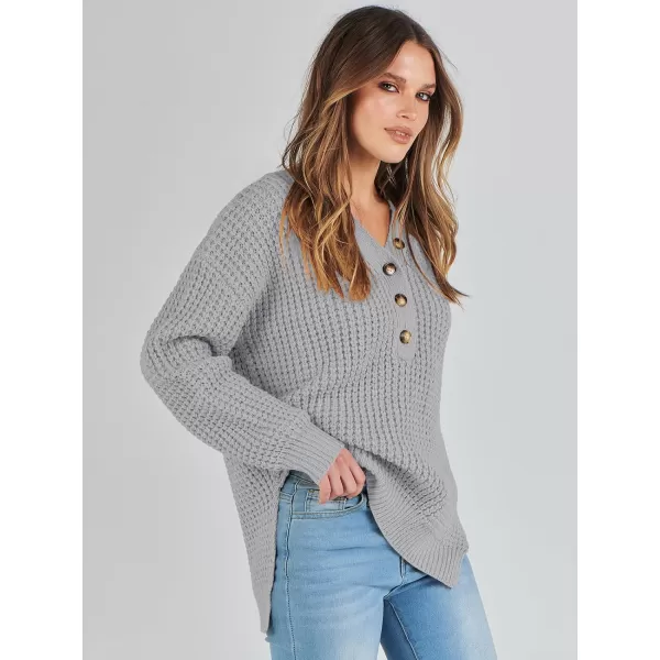imageANRABESS Womens Oversized Sweaters Long Sleeve Loose V Neck Button Henley Tops Side Slit Pullover Knit JumperLight Grey